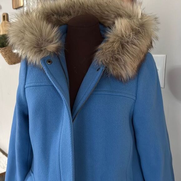 Talbots Albury wool blend faux fur hooded pea coat jacket womens size 4 blue - Picture 2 of 10
